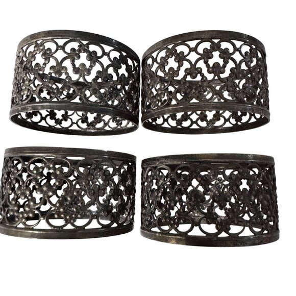 Set Of 4 Vintage Pierced Silver Plated Ornate Metal Napkin Rings Floral Scroll - Picture 3 of 7